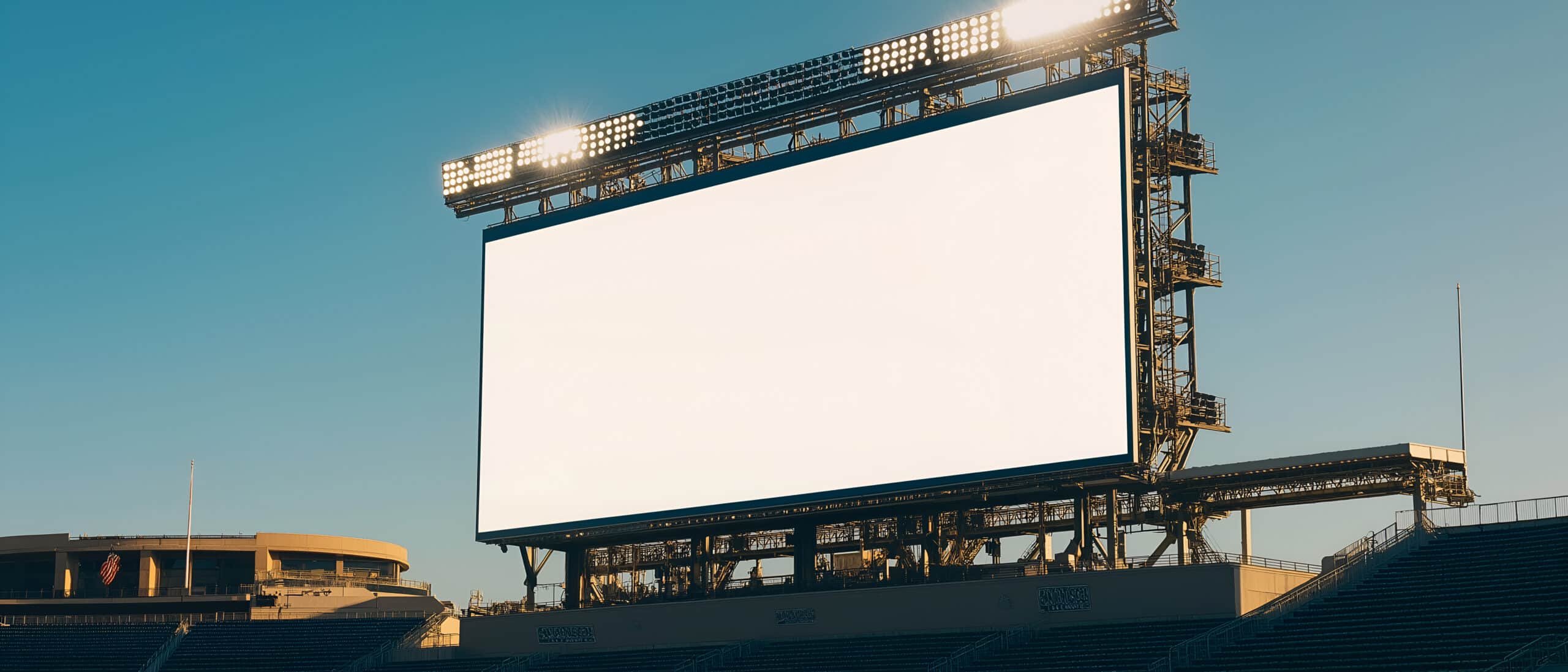 Mock up of a blank billboard on a stadium scoreboard during a sports event. Promotion information for marketing announcements and details