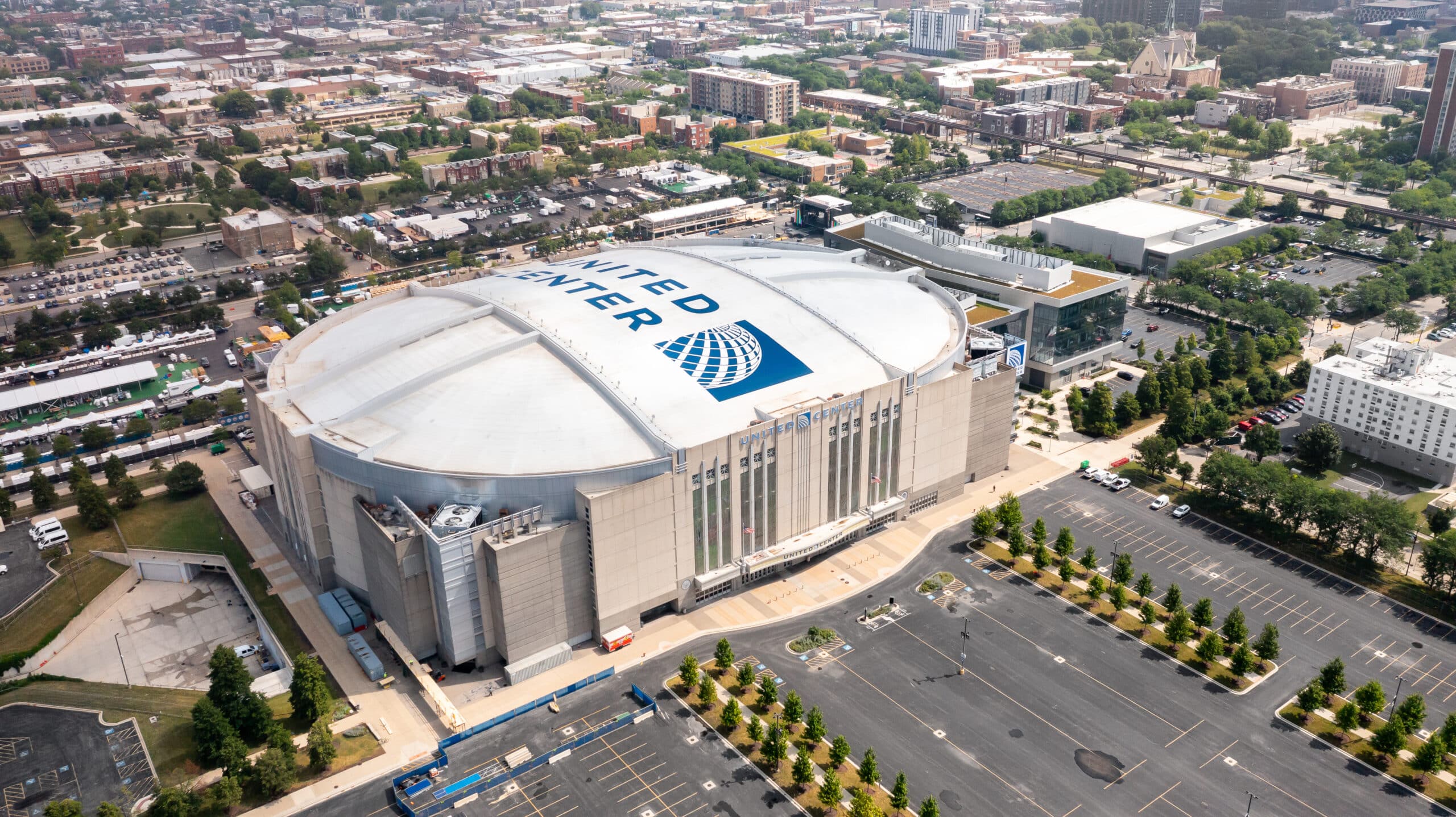 Chicago, IL, USA - July 9, 2025: Aerial view of the United Center, which opened in 1994 and the largest indoor entertainment venue in Chicago and home to the Chicago Blackhawks and Bulls.