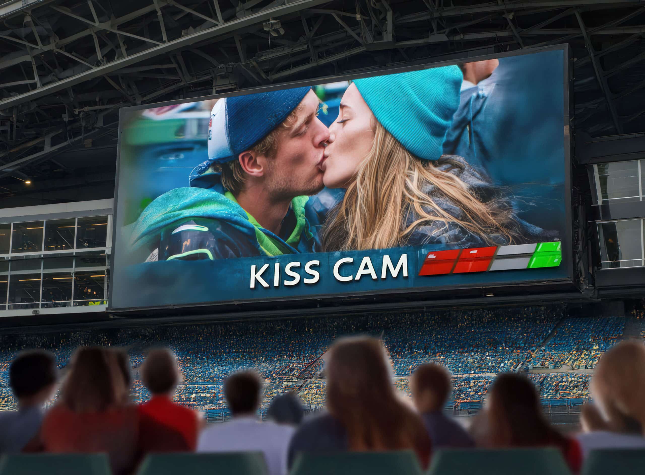 A joyful couple reacts to appearing on the kiss cam during a live event. The video captures genuine human emotions, spontaneous laughter, and a kiss, surrounded by an enthusiastic crowd.